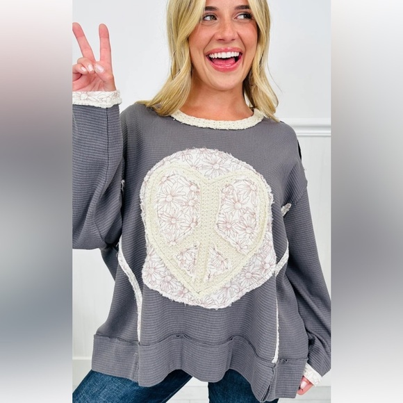 POL Tops - POL. 🩵 Thermal Heart Peace Sign Patchwork Top